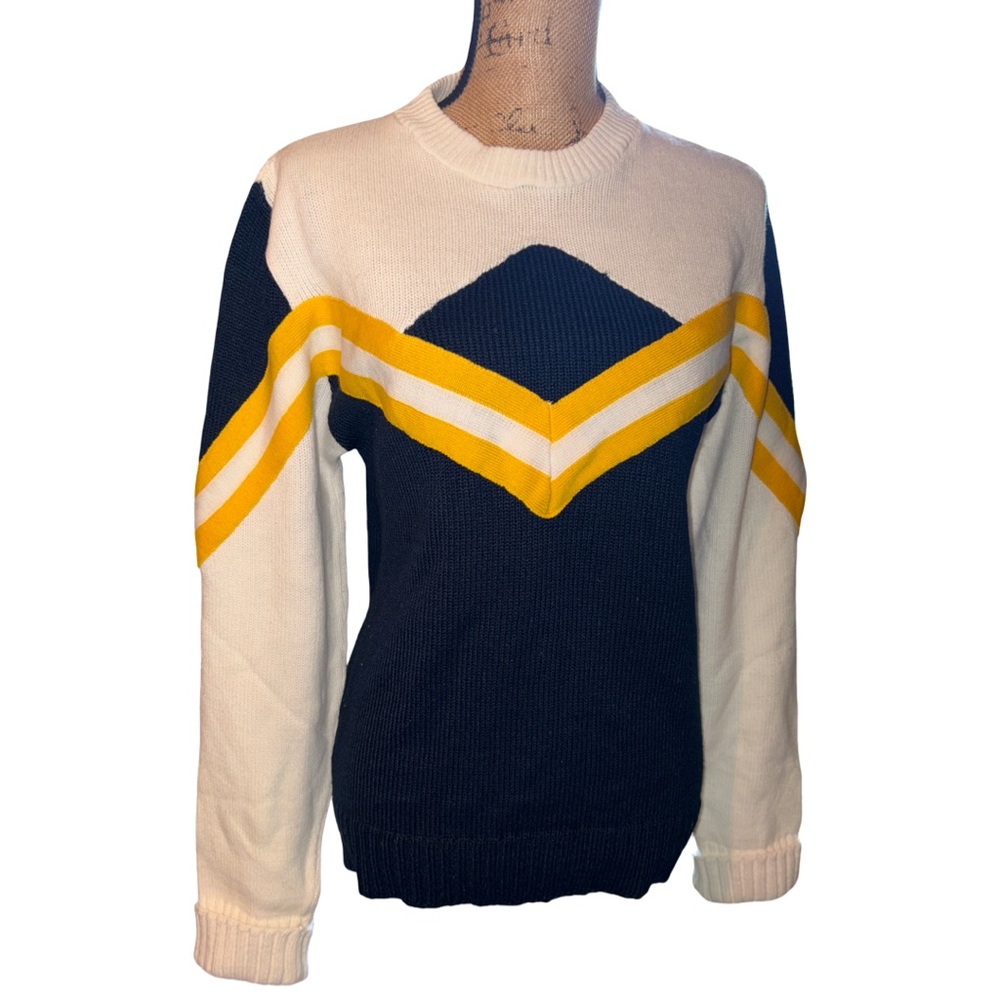 Vtg Bristol White Yellow & Navy Almost Black Chevron Cheerleading Sweater 40